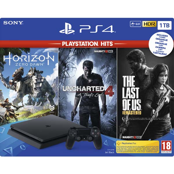 Sony PlayStation 4 Slim 1TB, jet black + The Last of Us CZ + Uncharted 4: A Thief’s End CZ + Horizon: Zero Dawn