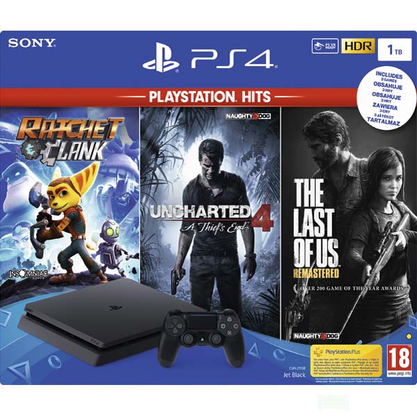 Sony PlayStation 4 Slim 1TB, jet black + The Last of Us: Remastered CZ + Uncharted 4: A Thief’s End CZ + Ratchet & Clank