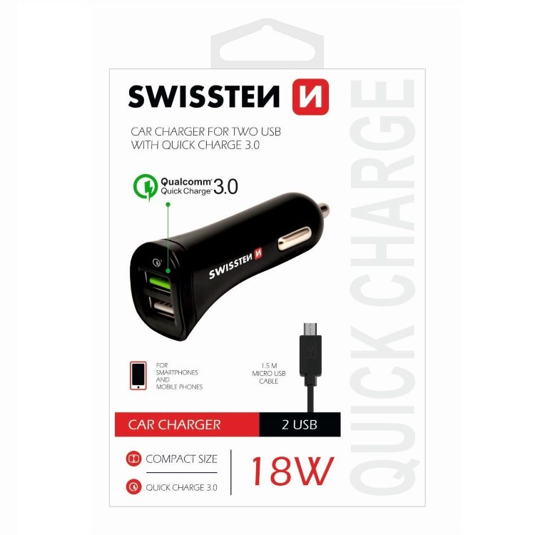 Autonabíjačka Swissten s podporou Qualcomm Quick Charge 3.0 a 2x USB konektorom + Micro-USB kábel 20111610