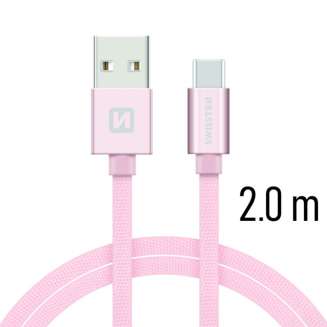 Swissten Data Cable Textile USB / USB-C 2 m, rose gold - OPENBOX (Rozbalený tovar s plnou zárukou)