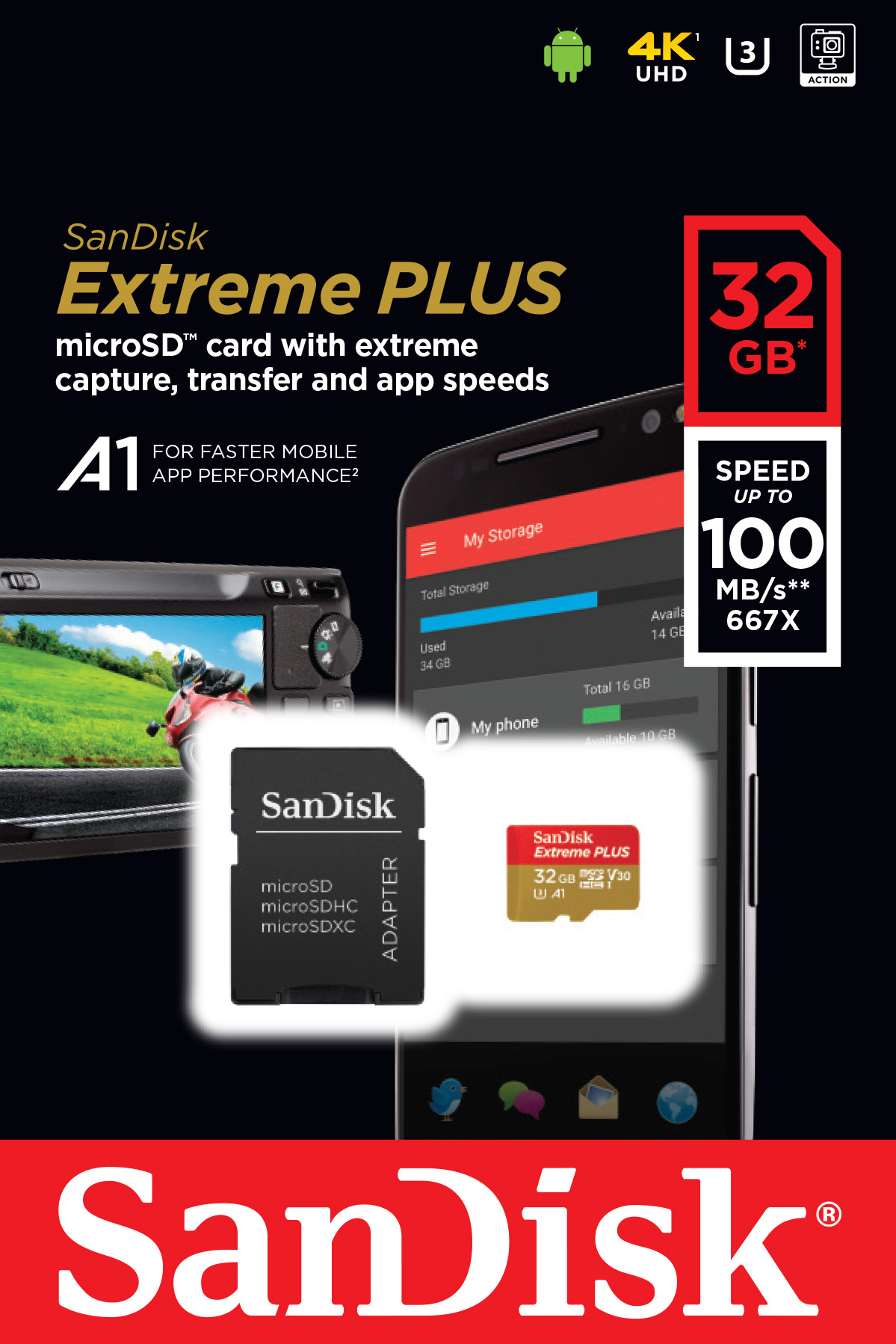 SanDisk Micro SDHC Extreme PLUS 32GB + SD adaptér, UHS-I U3 A1, Class 10 - rýchlosť 95/90 MB/s (SDSQXBG-032G-GN6MA)