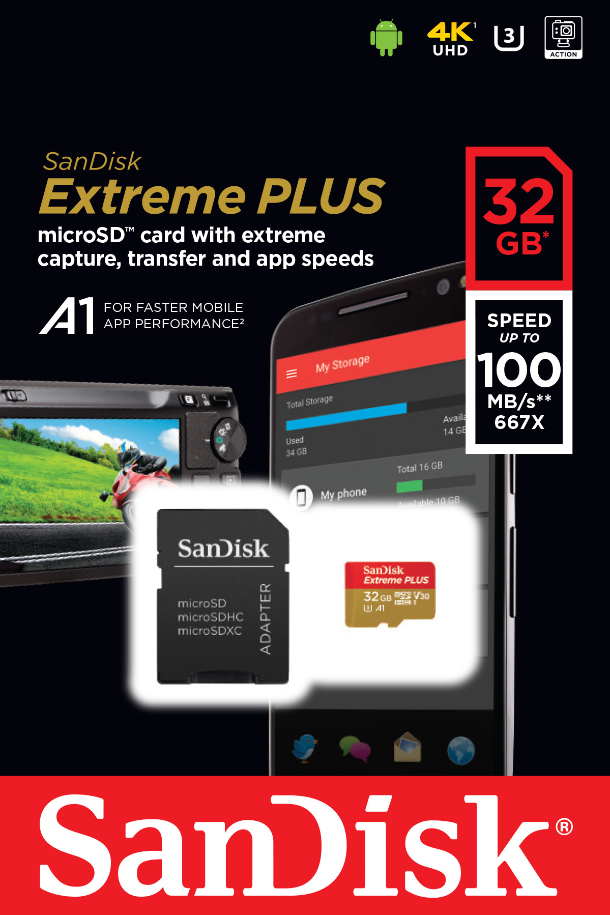 SanDisk Micro SDHC Extreme PLUS 32GB + SD adaptér, UHS-I U3 A1, Class 10 - rýchlosť 95/90 MB/s (SDSQXBG-032G-GN6MA) SanDisk Micro SDHC Extreme PLUS 32GB + SD adaptér, UHS-I U3 A1, Class 10 - rýchlosť 95/90 MB/s (SDSQXBG-032G-GN6MA)
