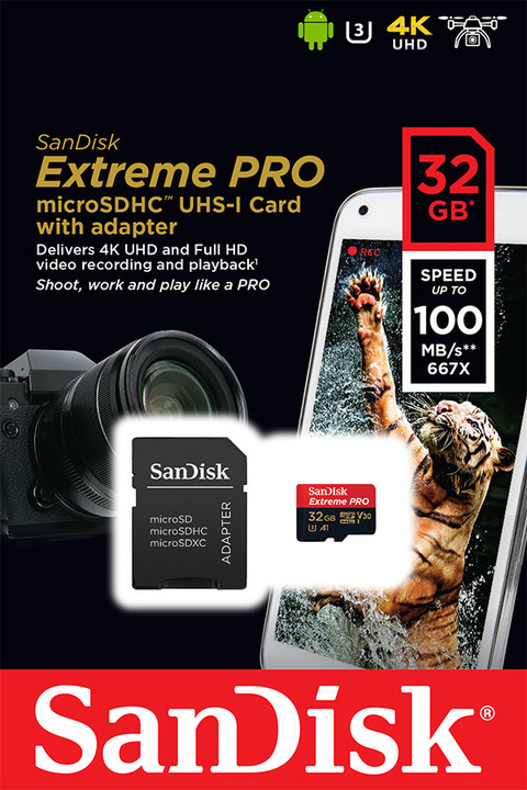 SanDisk Micro SDHC Extreme PRO 32 GB , SD adaptér, UHS-I U3, Class 10 - rýchlosť 100/90 MB/s