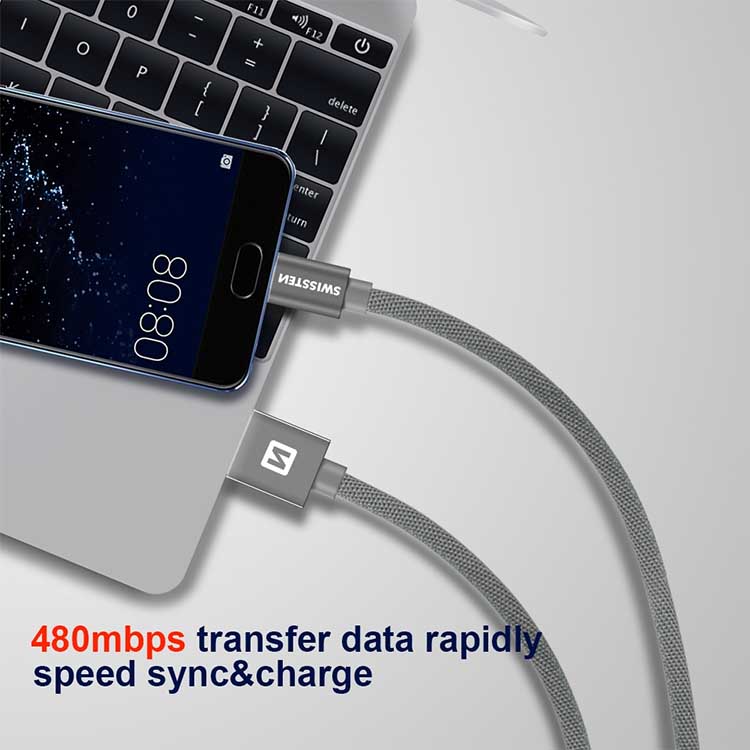 Dátový kábel Swissten textilný s USB-C konektormi a podporou rýchlonabíjania, čierny Dátový kábel Swissten textilný s USB-C konektormi a podporou rýchlonabíjania, čierny