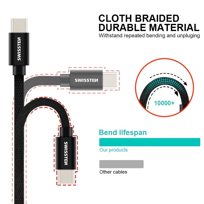 Dátový kábel Swissten textilný s USB-C konektormi a podporou rýchlonabíjania, čierny Dátový kábel Swissten textilný s USB-C konektormi a podporou rýchlonabíjania, čierny
