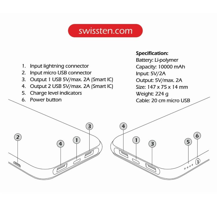 Powerbanka Swissten Slim 10000 mAh s lightning vstupom pre nabíjanie, čierna