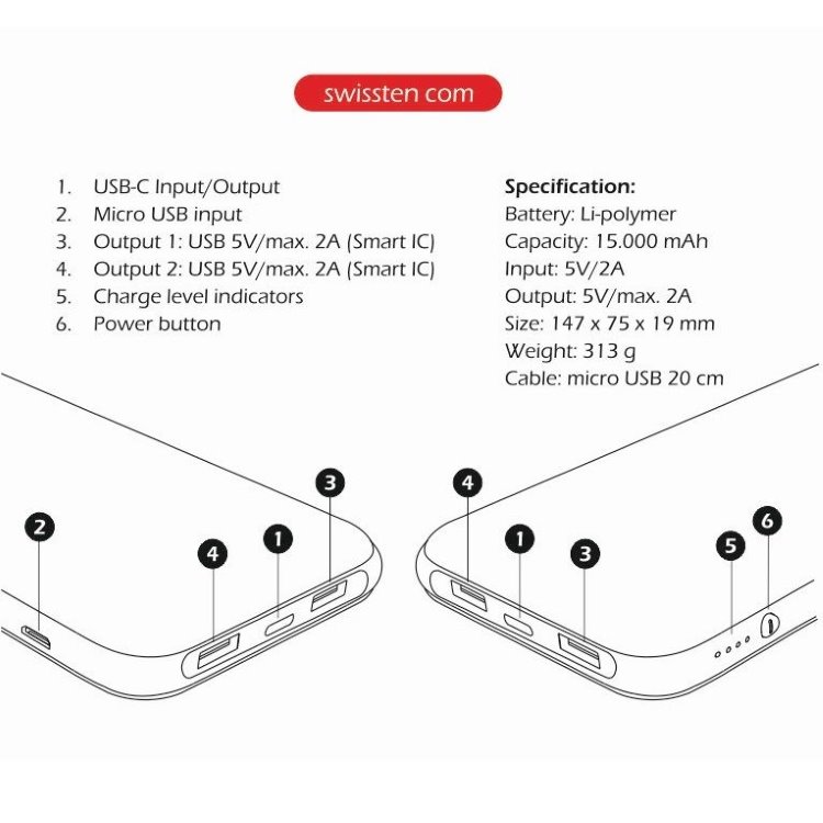 Powerbank Swissten Slim Black Core 15000 mAh s USB-C vstupom a inteligentným nabíjaním, čierny Powerbank Swissten Slim Black Core 15000 mAh s USB-C vstupom a inteligentným nabíjaním, čierny
