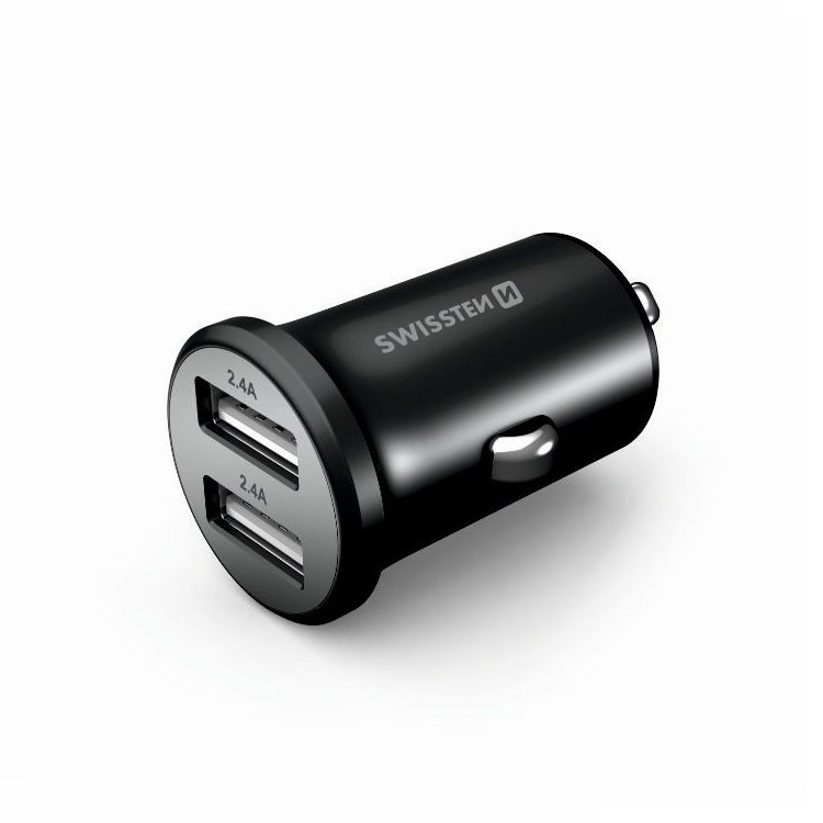 Autonabíjačka Swissten kovová 4.8A s 2 USB slotmi, Black