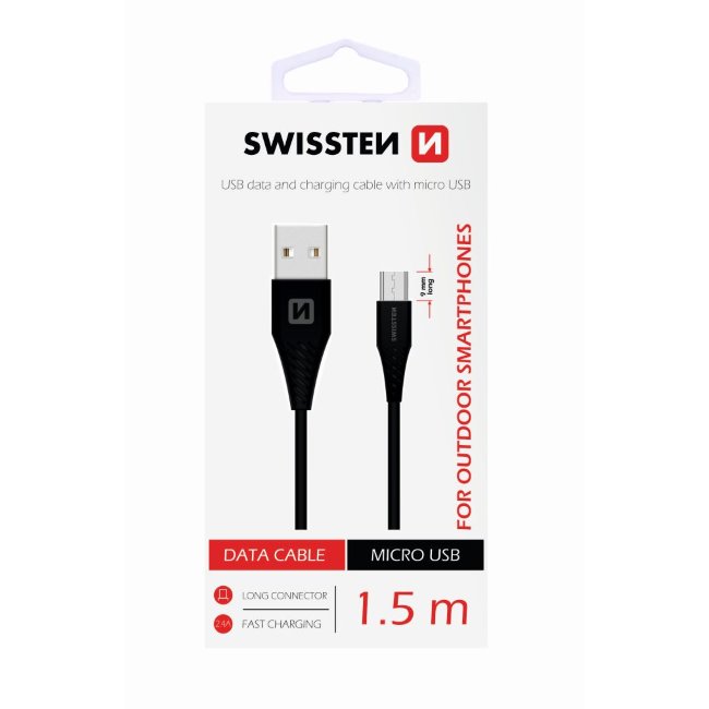 Dátový kábel Swissten s predĺženým Micro-USB konektorom pre odolné telefóny, čierny Dátový kábel Swissten s predĺženým Micro-USB konektorom pre odolné telefóny, čierny