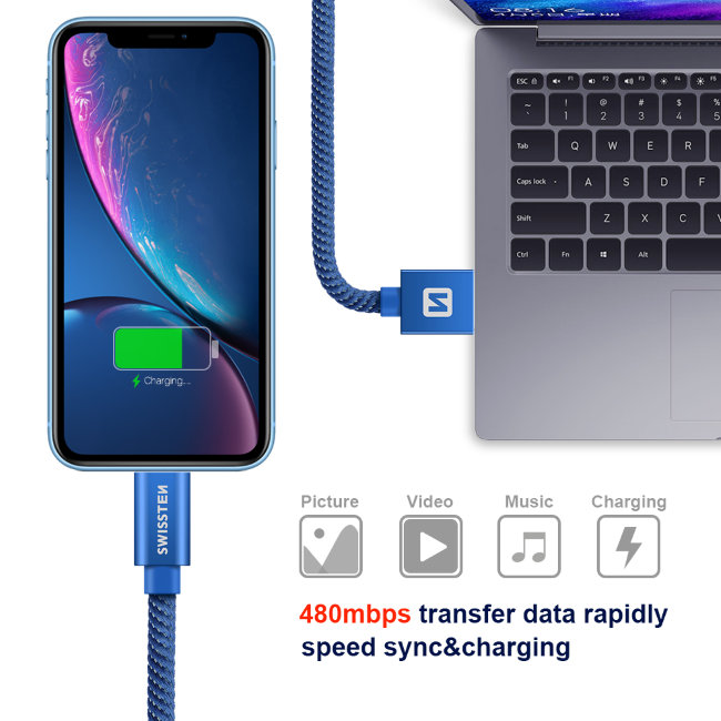 Dátový kábel Swissten textilný s Lightning konektorom a podporou rýchlonabíjania, modrý Dátový kábel Swissten textilný s Lightning konektorom a podporou rýchlonabíjania, modrý