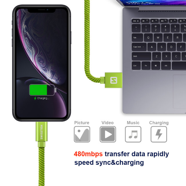 Dátový kábel Swissten textilný s Lightning konektorom a podporou rýchlonabíjania, zelený Dátový kábel Swissten textilný s Lightning konektorom a podporou rýchlonabíjania, zelený