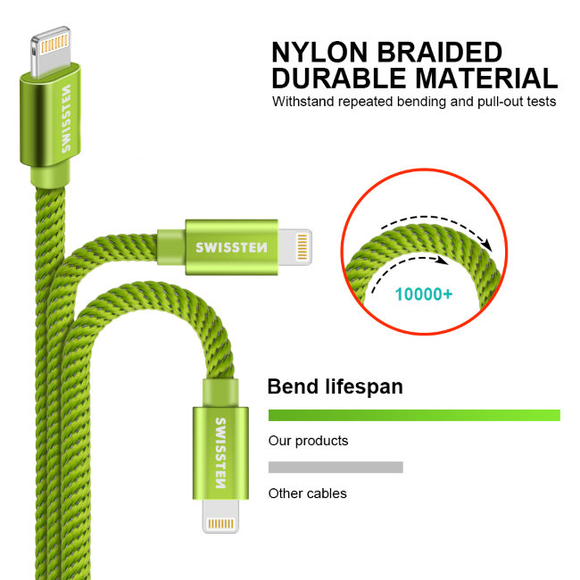 Dátový kábel Swissten textilný s Lightning konektorom a podporou rýchlonabíjania, zelený