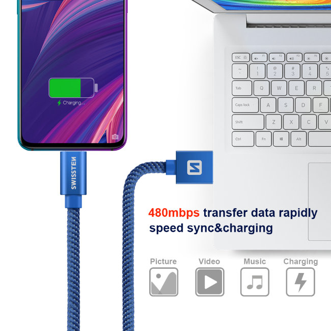 Dátový kábel Swissten textilný s Micro-USB konektorom a podporou rýchlonabíjania, Blue Dátový kábel Swissten textilný s Micro-USB konektorom a podporou rýchlonabíjania, Blue