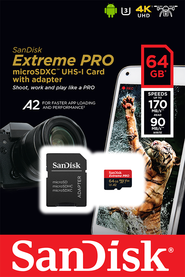 SanDisk Micro SDXC Extreme Pro 64GB + SD adaptér, UHS-I U3 A2, Class 10 - rýchlosť 170/90 MB/s (SDSQXCY-064G-GN6MA)