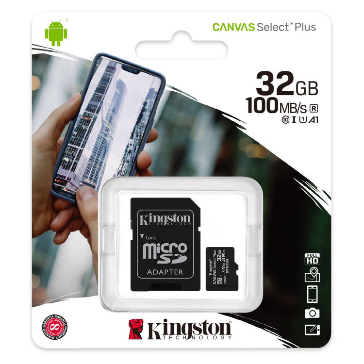 Kingston Canvas SeIect Plus Micro SDHC 32GB + SD adaptér, UHS-I A1, Class 10 - rýchlosť 100 MB/s Kingston Canvas SeIect Plus Micro SDHC 32GB + SD adaptér, UHS-I A1, Class 10 - rýchlosť 100 MB/s