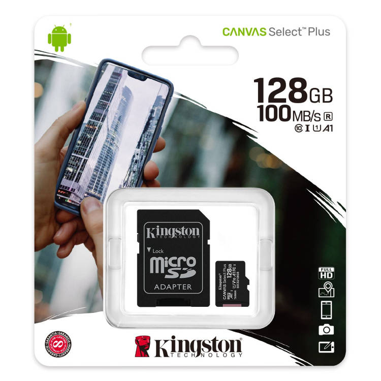 Kingston Canvas SeIect Plus Micro SDXC 128GB + SD adaptér, UHS-I A1, Class 10 - rýchlosť 100 MB/s Kingston Canvas SeIect Plus Micro SDXC 128GB + SD adaptér, UHS-I A1, Class 10 - rýchlosť 100 MB/s