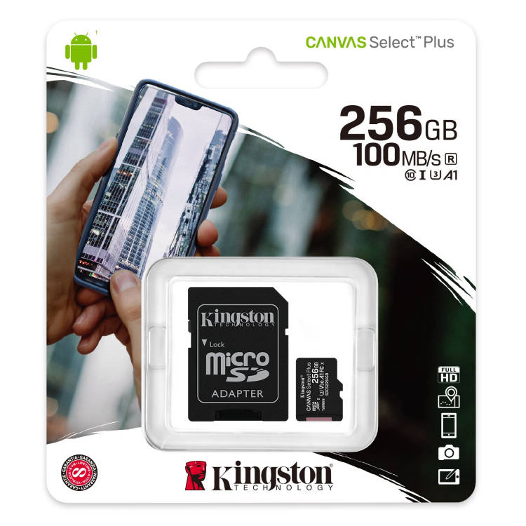Kingston Canvas SeIect Plus Micro SDXC 256GB + SD adaptér, UHS-I A1, Class 10 - rýchlosť 100/85 MB/s