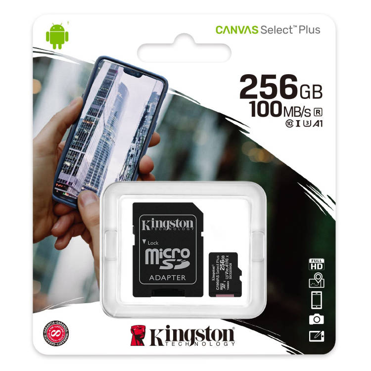 Kingston Canvas SeIect Plus Micro SDXC 256GB + SD adaptér, UHS-I A1, Class 10 - rýchlosť 100/85 MB/s Kingston Canvas SeIect Plus Micro SDXC 256GB + SD adaptér, UHS-I A1, Class 10 - rýchlosť 100/85 MB/s