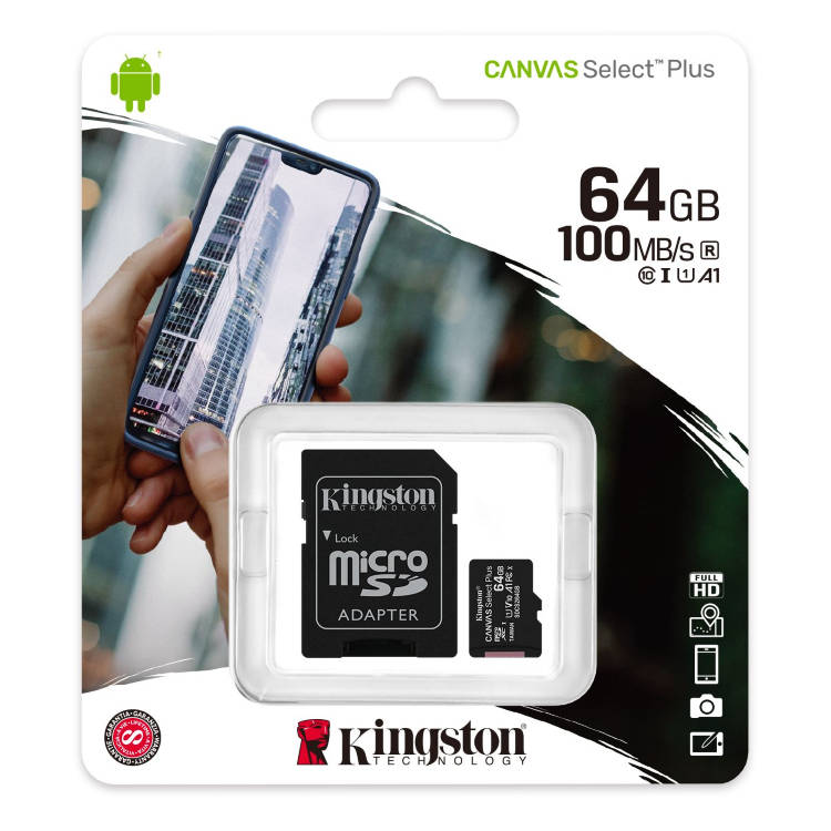 Kingston Canvas SeIect Plus Micro SDXC 64GB + SD adaptér, UHS-I A1, Class 10 - rýchlosť 100 MB/s Kingston Canvas SeIect Plus Micro SDXC 64GB + SD adaptér, UHS-I A1, Class 10 - rýchlosť 100 MB/s