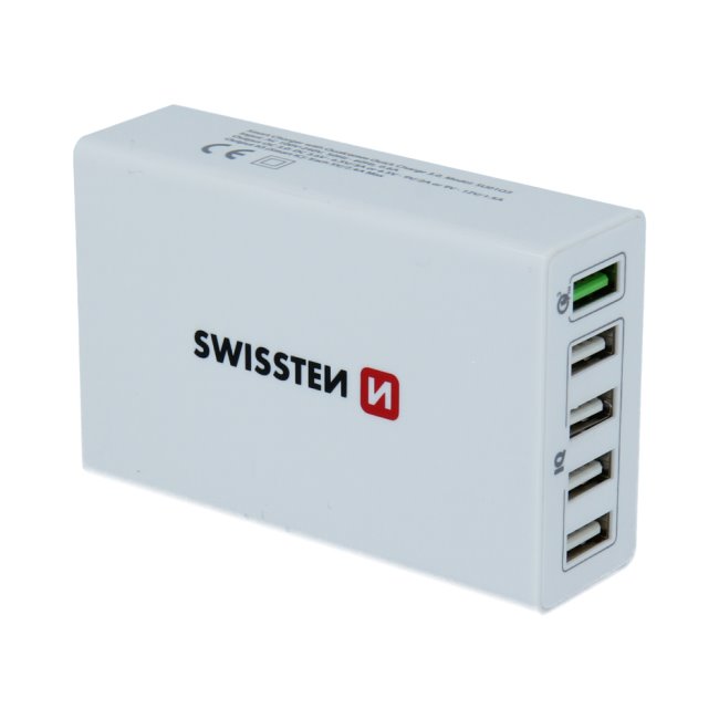 Rýchlonabíjačka Swissten Smart IC 50 W s podporou QuickCharge 3.0 a 5 USB konektormi, biela