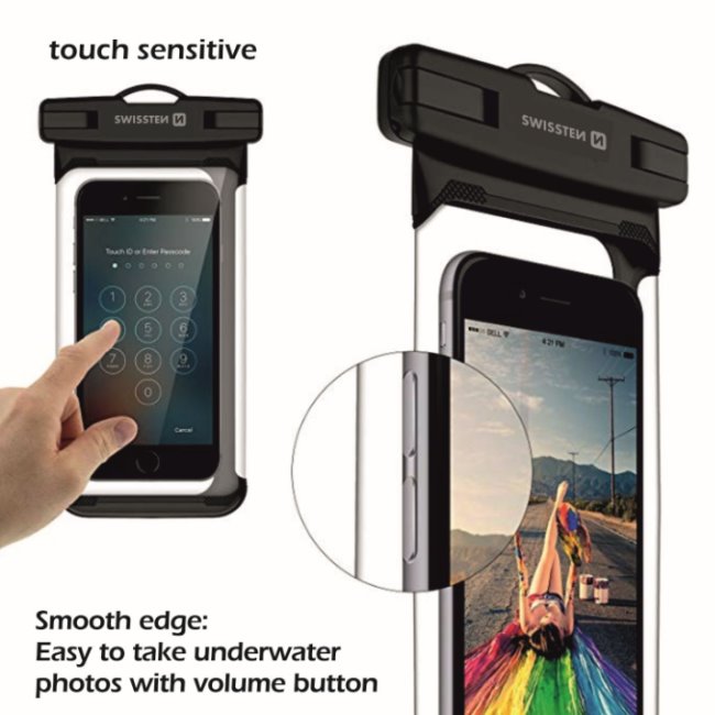 Swissten univerzálne vodeodolné puzdro pre smartfóny, IPX8, čierne