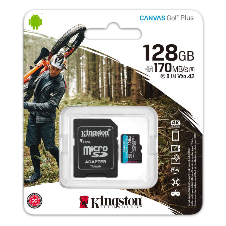 Kingston Canvas Go Plus Micro SDXC 128 GB , SD adaptér, UHS-I U3 A2, Class 10 - rýchlosť 170/90 MB/s Kingston Canvas Go Plus Micro SDXC 128 GB , SD adaptér, UHS-I U3 A2, Class 10 - rýchlosť 170/90 MB/s