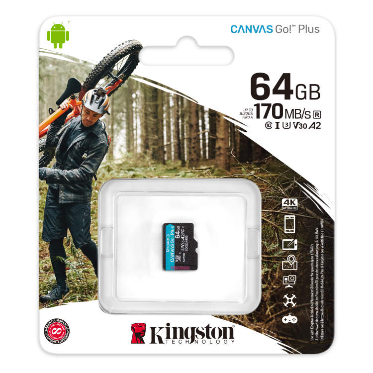 Kingston Canvas Go Plus Micro SDXC 64 GB, UHS-I U3 A2, Class 10 - rýchlosť 170/70 MB/s Kingston Canvas Go Plus Micro SDXC 64 GB, UHS-I U3 A2, Class 10 - rýchlosť 170/70 MB/s