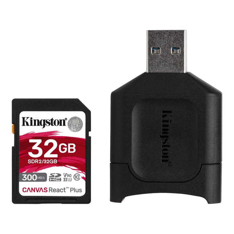 Kingston Canvas React Plus Secure Digital SDHC + čítačka, UHS-II U3 32GB | Class 10, rýchlosť 300/260MB/s (MLPR2/32GB)