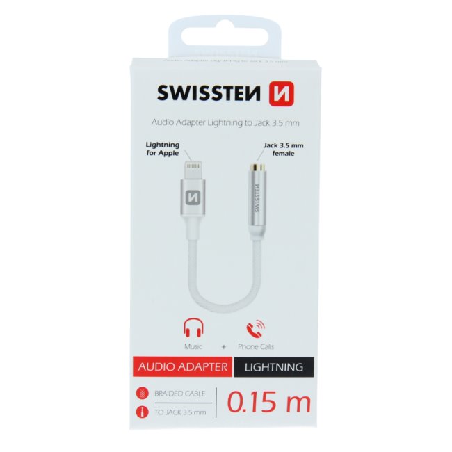 Audio adaptér Swissten Lightning/Jack (samica) 0,15 m, strieborný