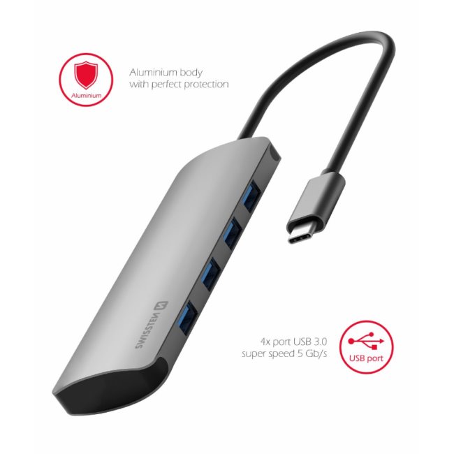 Hliníkový USB-C HUB Swissten 4 v 1, 4 x USB 3.0 Hliníkový USB-C HUB Swissten 4 v 1, 4 x USB 3.0