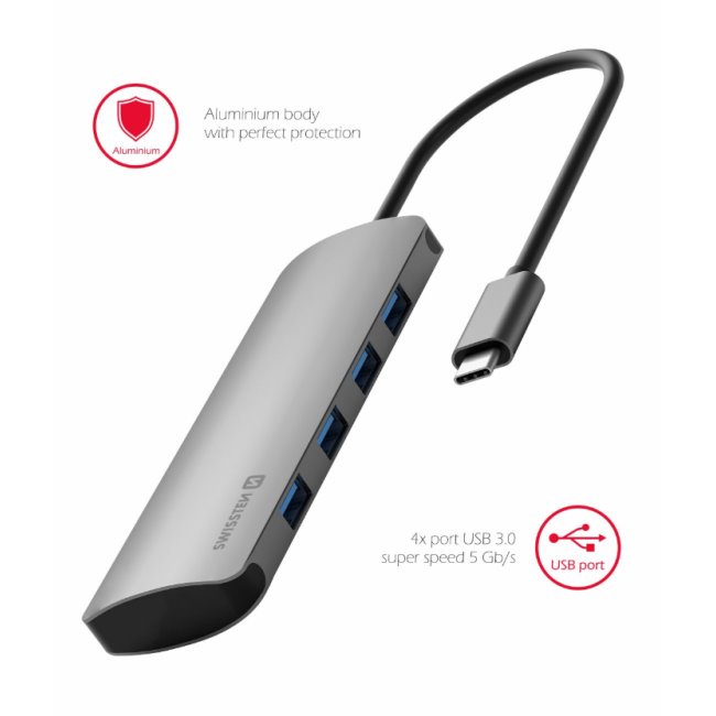 Hliníkový USB-C HUB Swissten 4 v 1, 4 x USB 3.0