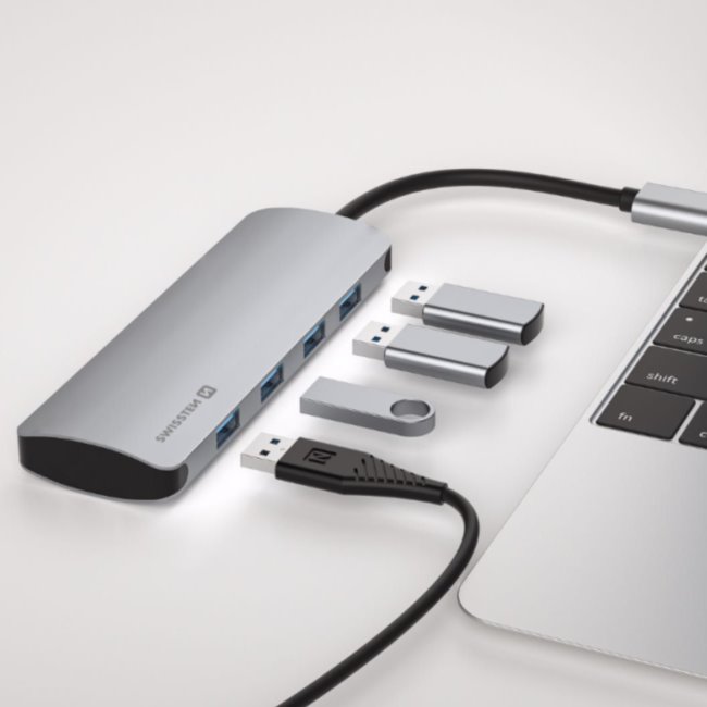 Hliníkový USB-C HUB Swissten 4 v 1, 4 x USB 3.0 Hliníkový USB-C HUB Swissten 4 v 1, 4 x USB 3.0