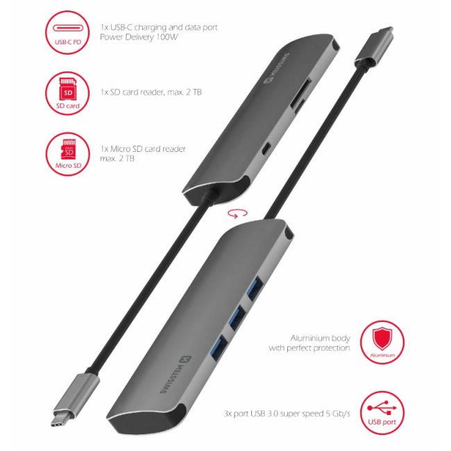 Hliníkový USB-C HUB Swissten 6 v 1, USB-C PD, 3 x USB 3.0, SD, MicroSD Hliníkový USB-C HUB Swissten 6 v 1, USB-C PD, 3 x USB 3.0, SD, MicroSD