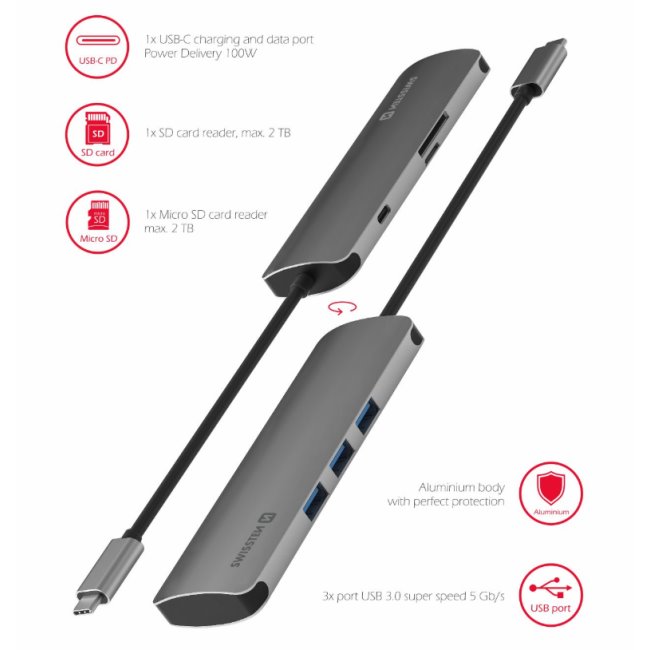 Hliníkový USB-C HUB Swissten 6 v 1, USB-C PD, 3 x USB 3.0, SD, MicroSD