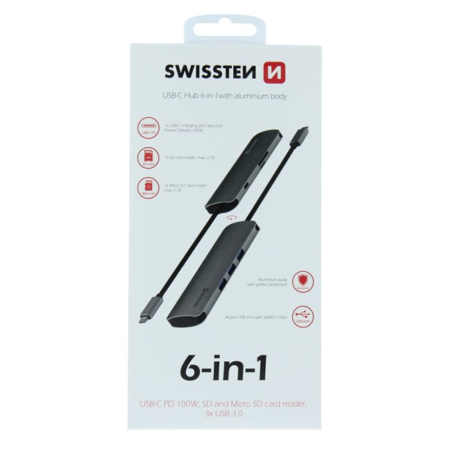 Hliníkový USB-C HUB Swissten 6 v 1, USB-C PD, 3 x USB 3.0, SD, MicroSD