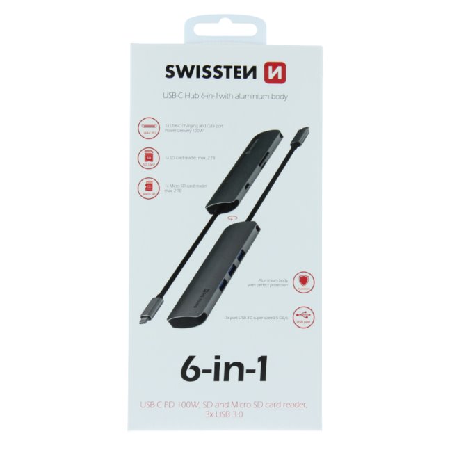 Hliníkový USB-C HUB Swissten 6 v 1, USB-C PD, 3 x USB 3.0, SD, MicroSD Hliníkový USB-C HUB Swissten 6 v 1, USB-C PD, 3 x USB 3.0, SD, MicroSD