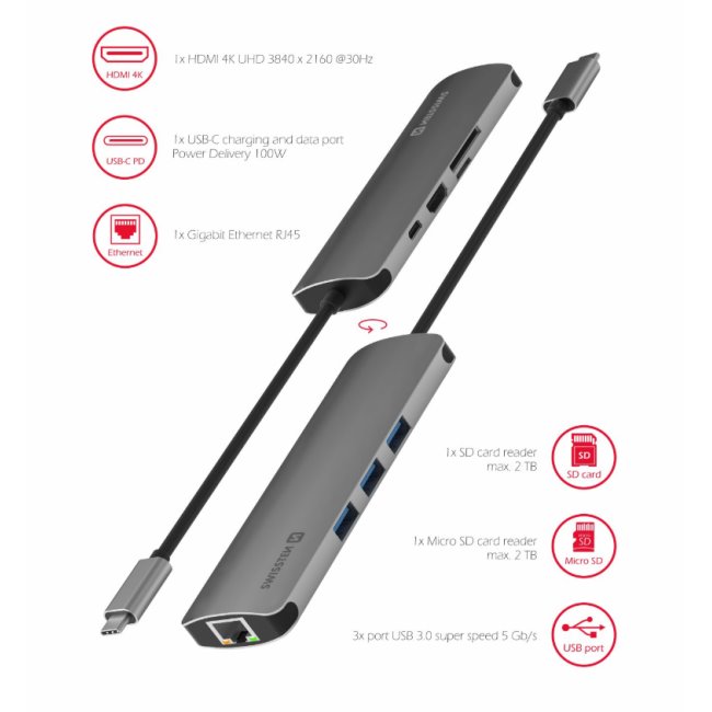 Hliníkový USB-C HUB Swissten 8 v 1, USB-C PD, HDMI, LAN, 3 x USB 3.0, SD, MicroSD Hliníkový USB-C HUB Swissten 8 v 1, USB-C PD, HDMI, LAN, 3 x USB 3.0, SD, MicroSD