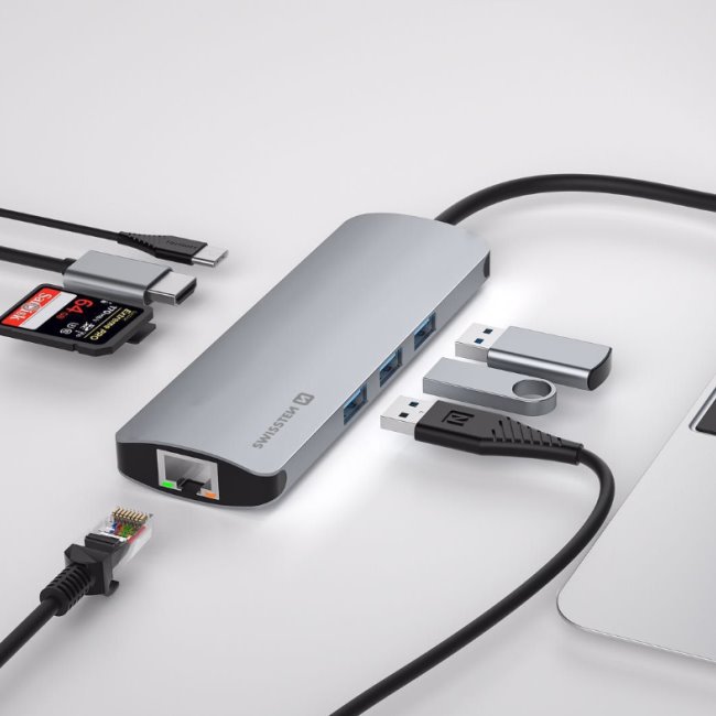 Hliníkový USB-C HUB Swissten 8 v 1, USB-C PD, HDMI, LAN, 3 x USB 3.0, SD, MicroSD Hliníkový USB-C HUB Swissten 8 v 1, USB-C PD, HDMI, LAN, 3 x USB 3.0, SD, MicroSD