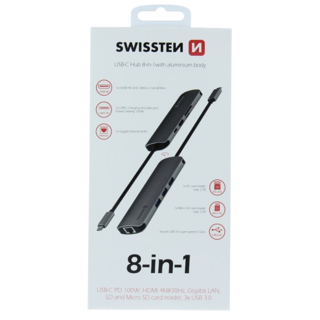 Hliníkový USB-C HUB Swissten 8 v 1, USB-C PD, HDMI, LAN, 3 x USB 3.0, SD, MicroSD Hliníkový USB-C HUB Swissten 8 v 1, USB-C PD, HDMI, LAN, 3 x USB 3.0, SD, MicroSD