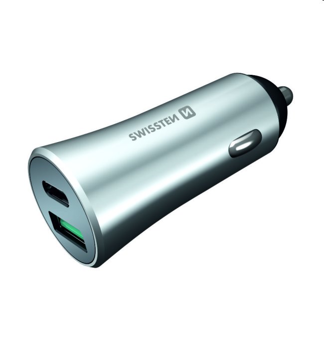 Autonabíjačka Swissten s podporou Power Delivery USB-C a Qualcomm 3.0, 36 W, matná strieborná Autonabíjačka Swissten s podporou Power Delivery USB-C a Qualcomm 3.0, 36 W, matná strieborná