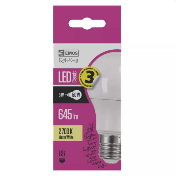 EMOS LED Žiarovka Classic A60 8W E27, teplá biela