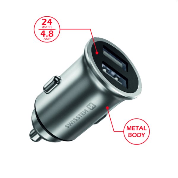 CL adaptér Swissten 2 x USB 4,8A, strieborná CL adaptér Swissten 2 x USB 4,8A, strieborná