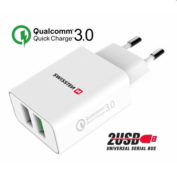 Nabíjačka Swissten 2 x USB QC 3.0 a USB 23 W, biela, eco balenie Nabíjačka Swissten 2 x USB QC 3.0 a USB 23 W, biela, eco balenie
