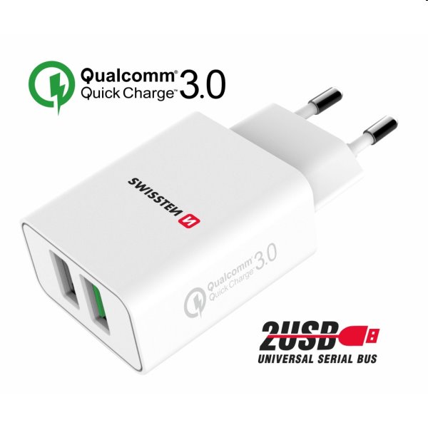 Nabíjačka Swissten 2 x USB QC 3.0 a USB 23 W, biela, eco balenie