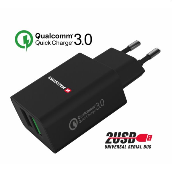 Nabíjačka Swissten 2 x USB QC 3.0 a USB 23 W, čierna Nabíjačka Swissten 2 x USB QC 3.0 a USB 23 W, čierna