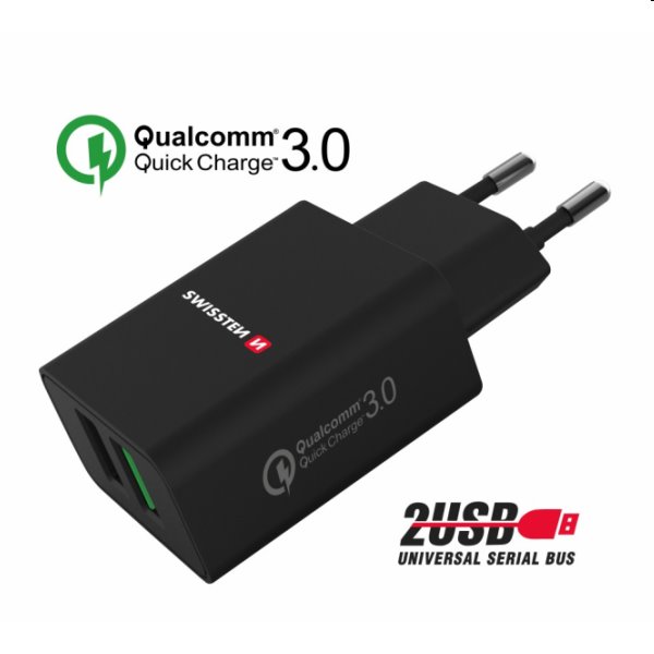 Nabíjačka Swissten 2 x USB QC 3.0 a USB 23 W, čierna