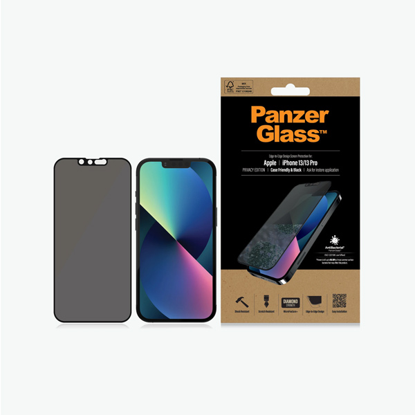 Ochranné temperované sklo PanzerGlass Case Friendly AB s privátnym filtrom pre Apple iPhone 13/13 Pro, čierne