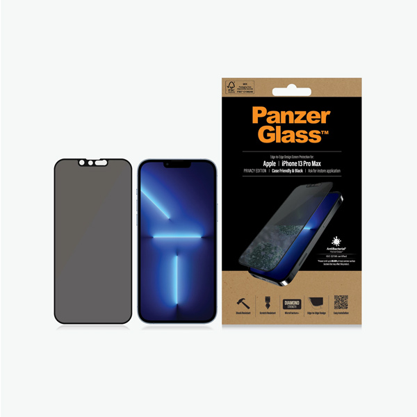 Ochranné temperované sklo PanzerGlass Case Friendly AB s privátnym filtrom pre Apple iPhone 13 Pro Max, čierna