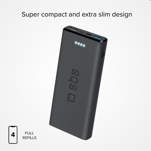 SBS powerbanka 10000 mAh, 2x USB, 2,1 A, čierna