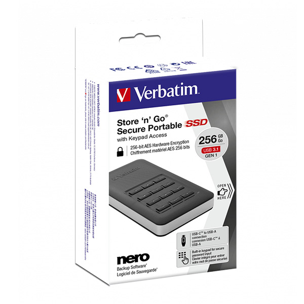 Verbatim SSD 256GB disk USB 3.1,USB-C, šifrovaný externý s numerickou klávesnicou, Store 'n' Go čierny